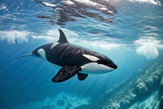 Graceful orca glides beneath sunlight-dappled waves, black-and-white body contrasting against turquoise ocean backdrop