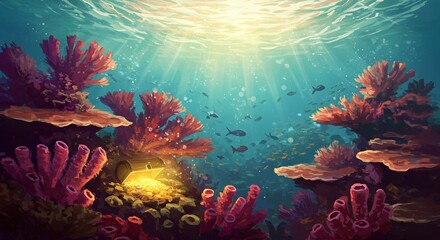 Vibrant Underwater Scene Sunlit Coral Reef with Fish and Treasure