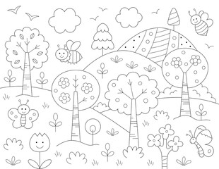 fun coloring picture of a spring day with bees, trees, and more shapes to color. Printable on standard 8.5 x 11 inch (letter size) paper, high-quality 300 dpi resolution.