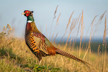 Fototapeta premium A dazzling pheasant stands tall among dry grass. Iridescent greens, reds, and golds shimmer in golden hour light as it scans its countryside surroundings