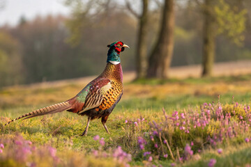 Fototapeta premium Amid springtime heather, a colorful pheasant struts proudly. Its jewel-toned feathers glint in sunlight, while blurred trees frame the vibrant landscape in gentle warmth