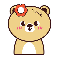 cute hand drawing cartoon bear with flower pin. cute smile bear drawing for animal sticker, icon