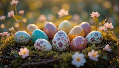 Decorated Easter Eggs in Nest with Flowers in Spring Sunlight