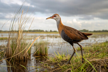 Obraz premium A rail bird strides along marshy ground, tall reeds reflecting in still water. Brown and slate plumage glows gently beneath thick, overcast skies