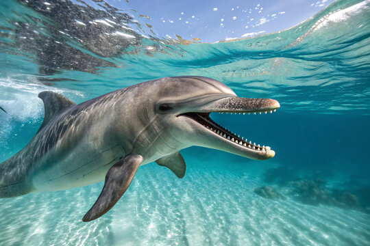 Curious rough-toothed dolphin swims near camera, revealing teeth, smooth grey skin, and glistening tropical shallows
