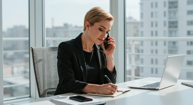 Professional woman focused during a phone call in an office setting  