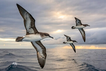 Fototapeta premium A trio of shearwaters cuts through stormy skies with wings extended. The silvery sea beneath them reflects the fading light of a dramatic ocean sunset
