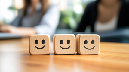 Three wooden smiling face blocks aligned on a wooden desk with blurred coworkers in background representing positive customer service and satisfaction in workplace.