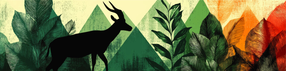 Stunning Abstract Vector Illustration of Black Antelope Silhouette in Vibrant Jungle Landscape with Mountains, Colorful Leaves and Artistic Nature Pattern Design