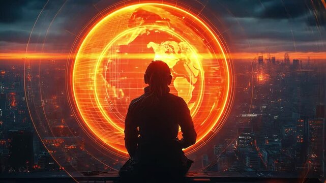 Global Vision: A silhouette observes a holographic projection of the globe, set against a sprawling cityscape skyline, creating a futuristic atmosphere of technological prowess and global reach.