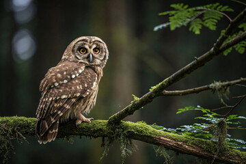 Perched on a mossy branch, this owl&rsquo;s piercing yellow eyes and streaked feathers make it blend into the shadowy, dense forest background effortlessly