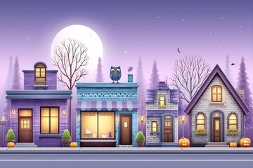 Pixel art Halloween street with costumed characters, flickering jack-o'-lanterns, and tiny haunted houses