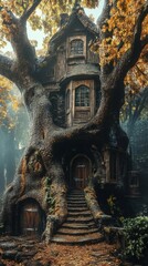 Fototapeta premium Magical treehouse nestled in a lush forest, showcasing a fantastical world of wonder and imagination.