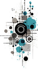 Obraz premium Abstract Modern Vector Artistic Design Featuring Blue Grey Black Paint Splashes Geometric Circles Lines and Dots Ideal for Backgrounds Posters and Graphic Projects