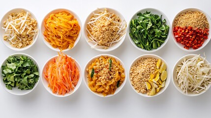 Neatly arranged white background shot of Pad Thai all its toppings displayed cleanly