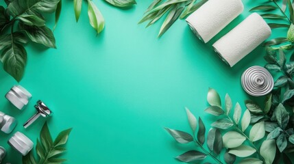 Top View Flat Lay of Green Leaves Border and Wellness Objects on Vibrant Teal Background