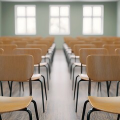 A modern classroom featuring rows of wooden chairs and large windows, creating a bright and inviting educational space.