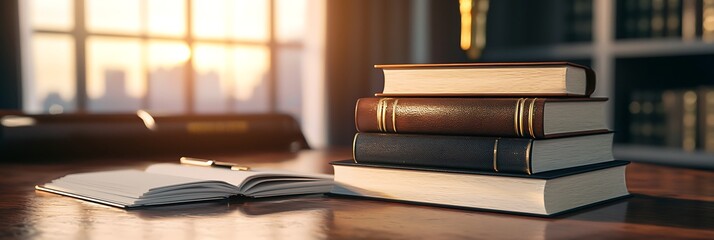 A serene workspace with stacked books and an open notebook, bathed in warm sunlight streaming through a window.