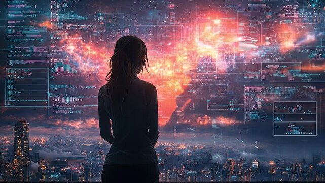 Data Visualization and the City: A woman observes a mesmerizing data visualization interface that melds with a stunning cityscape, reflecting the dawn of a new era in technology and urban planning. - Powered by Adobe