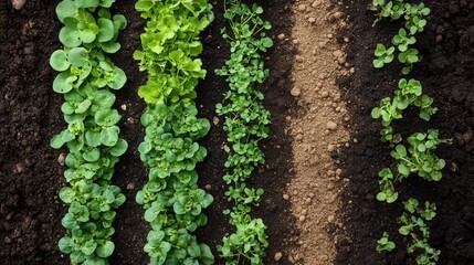Top View of Young Green Seedlings Growing in Straight Rows in Dark Fertile Soil