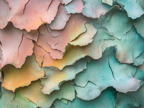 Close-up of pastel-colored, peeling paint revealing textured layers and cracked surfaces.