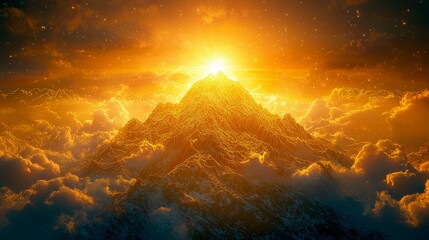 Naklejka premium Golden Hour Mountain Majesty: A breathtaking landscape of a majestic mountain peak bathed in the golden light of sunrise or sunset, surrounded by fluffy clouds and a vibrant sky.