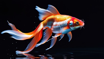 Fototapeta premium Colorful Goldfish on Black Background with Flowing Fins.