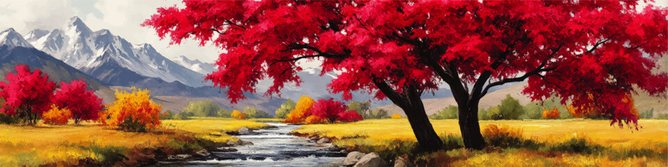 Fototapeta premium Stunning Scenic Vector Landscape Illustration of Majestic Mountains Flowing River Vibrant Red Trees Autumn Colors Peaceful Nature Scene for Artistic Design Inspiration