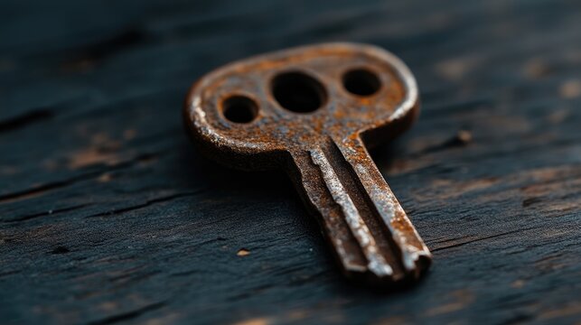 Rusty antique key on dark wood