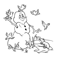A melting snowman rejoices at the arrival of spring and the primroses, together with birds flying and singing near him. Outline illustration for a coloring book, magazine or spring postcard