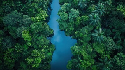 Aerial Top View of Narrow River Flowing Through Dense Lush Green Rainforest