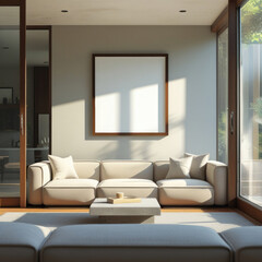 Empty frame mockup in modern Scandinavian living room interior background, poster frame mockup design, mockup frame