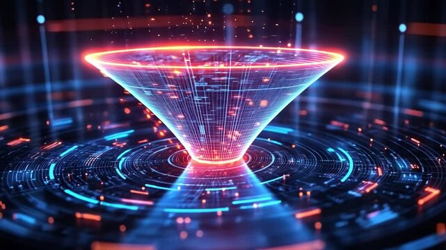 Data Funnel Illustration: Captivating digital art, showcases the complex and intricate funnel with glowing lights, symbolizing data processing and the flow of information