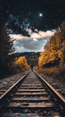 Fototapeta premium Lonely figure walks down a railway track under a star filled night sky.