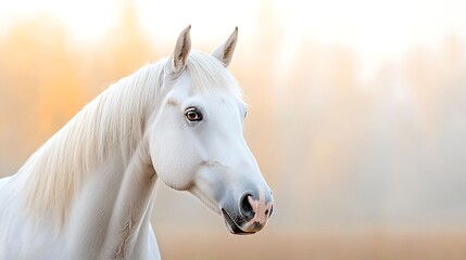 Obraz premium Serene portrait of a majestic white horse in soft lighting and natural landscape