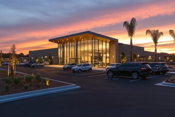Obraz premium Contemporary Commercial Office Building Exterior with Glass Facade and Parking Lot at Dramatic Sunset Dusk