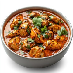 A bowl of rich butter chicken with a smooth, creamy tomato-based gravy, garnished with fresh cilantro