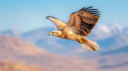 Naklejka premium Majestic eagle soars over scenic mountains wildlife photography nature aerial view serenity