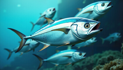 Naklejka premium School of tuna swimming gracefully in vibrant ocean waters - 