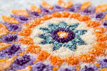 Fototapeta premium Intricate mandala design created using colored rice grains, showcasing vibrant hues and geometric patterns.