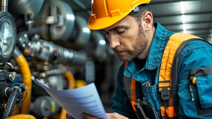 Professional engineer meticulously examining documents within industrial plant