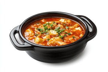 A realistic photo of Korean Kimchi Jjigae, hyper-realistic, isolated on white