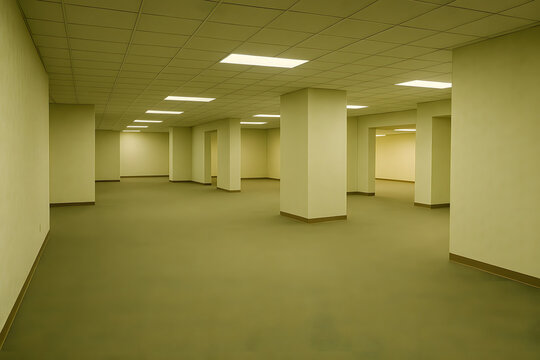 Empty Fluorescent Office Space with Surreal Layout