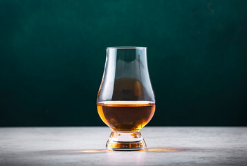 Single malt twelve year old Scotch whisky in glencairn glass on dark green background