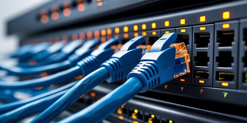 Blue LAN cables connected to a server switch panel with LED indicators, representing fast internet, cloud technology, and data center communication hardware

