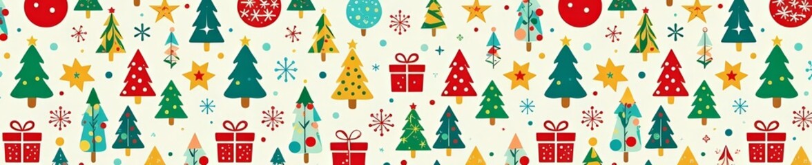 Colorful abstract holiday pattern design with Christmas trees, snowflakes, and gifts, festive, ornaments