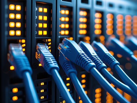 Blue LAN cables connected to a server switch panel with LED indicators, representing fast internet, cloud technology, and data center communication hardware

