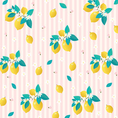 Seamless pattern of lemons and leaves on pastel background. Cute hand drawn groovy citrus fruit design for fabric prints