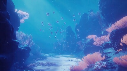 Underwater scenery with coral reef and light rays