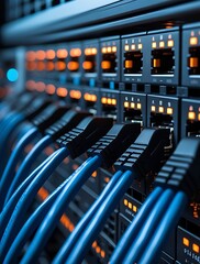 Close-up view of network switch with blue ethernet cables plugged into ports, illustrating high-speed data transfer and internet connection in modern server infrastructure
